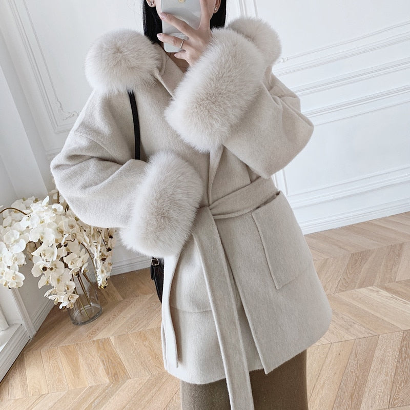 Real Cashmere Woolen Coat famous natural fox fur coats outerwear dropshipping