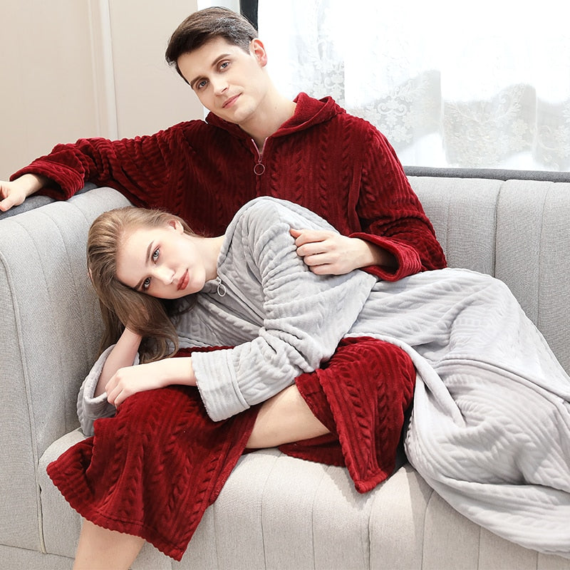 Women Winter Plus Size Long Warm Flannel Hooded Bathrobe - Zipper Bath Robe Pregnant Night Dressing Gown Men Sleepwear