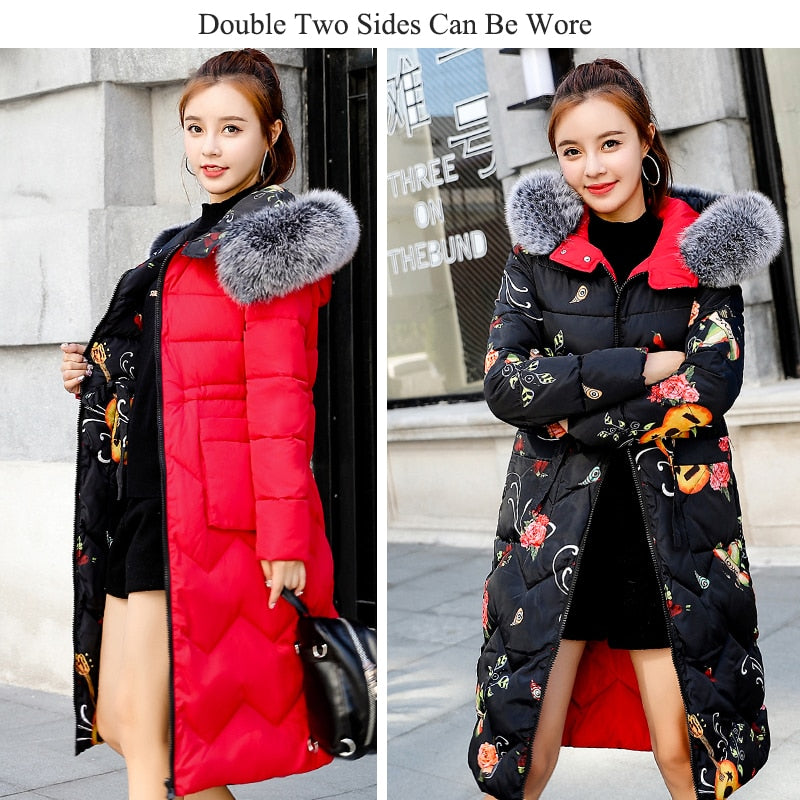 Reversable womens Winter Jacket New Arrival With Fur Hooded Long Coat Cotton Padded Warm Parka Womens Parkas