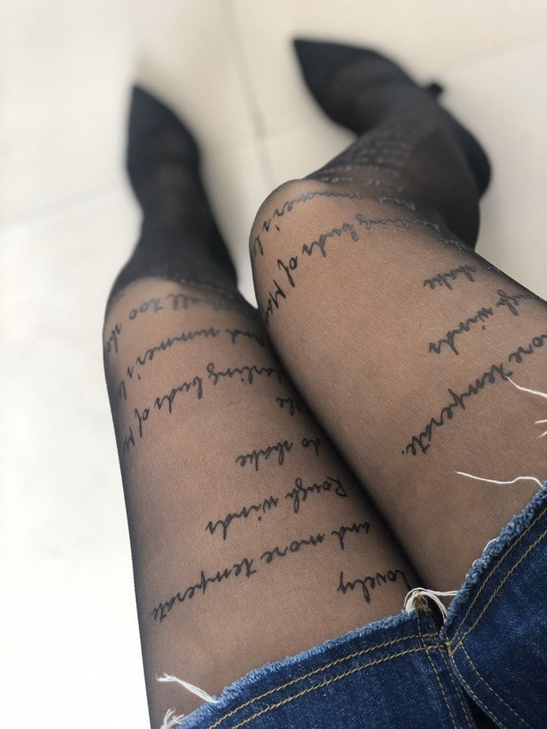 KASURE Woman Sexy Transparent Tights With Inscriptions Plus Size Nylon Tights With Patterned Tattoos Pantyhose Popsocket Hose