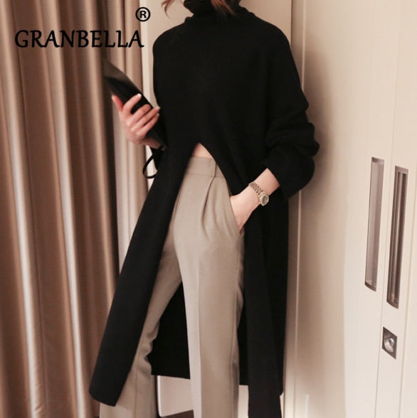 Turtleneck Long fall winter Sweater Dress Side split Female Pullover mujer sueteres