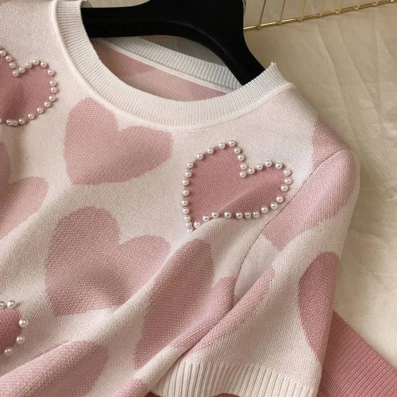 Heart Printed Knitted Sweet 2 Pcs Women Short Sleeve Beading Sweaters Female Tops+pants Suit Pink Casual Tracksuit