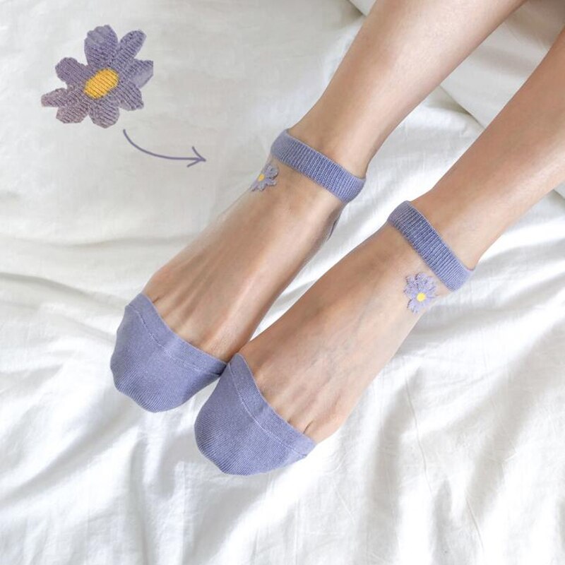 Daisy Socks Women Transparent Thin Chiffon Socks Ankle Harajuku Short Flower Funny Socks Female Streetwear Calcetines