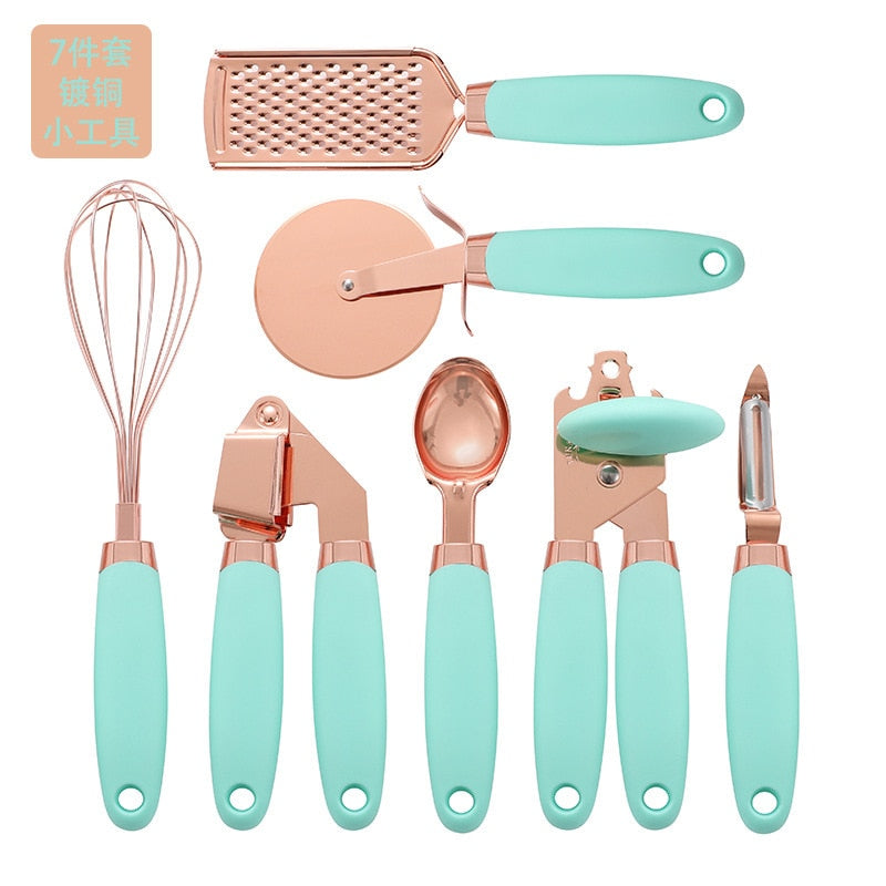 7 Pc Kitchen Set Copper Coated Stainless Steel Utensils Kitchen Gadget Ice Scream Scoop Peeler Garlic Press Cheese Grater Whisk