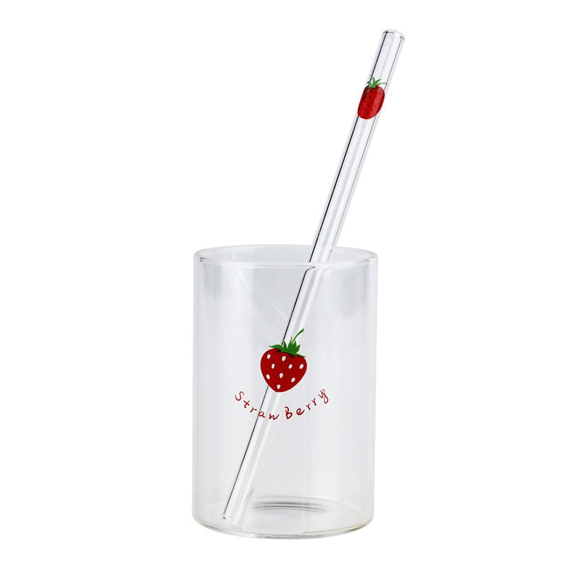 VIP LINK 2pc Cute Printing Straws Glass Cup Fruit Pattern Transparent Milk Water Cup Heat Resistant Coffee Tea Drinkware Cup