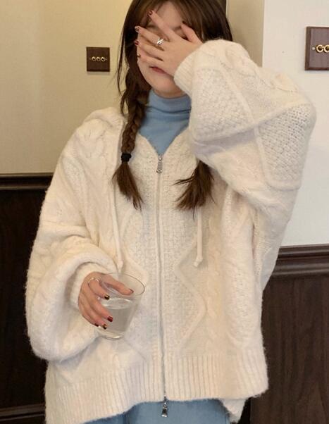 Women Autumn Winter Oversize Knitted Cardigan Casual Hooded Twist Sweater Zipper Long Sleeve Crochet Outerwear