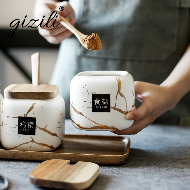 Nordic Matte Marbled Ceramic Seasoning Can Creative Kitchen Tank Set Wooden Cover/Tray Salt Shaker Spice Jar Kitchen Accessories