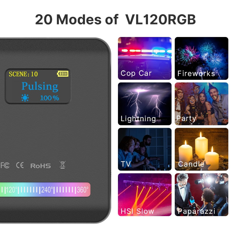 Ulanzi VL120 RGB Compact Video Light with Display Screen Diffuser Mini Camera RGB Light Smartphone Selfie Lighting 3100mAh