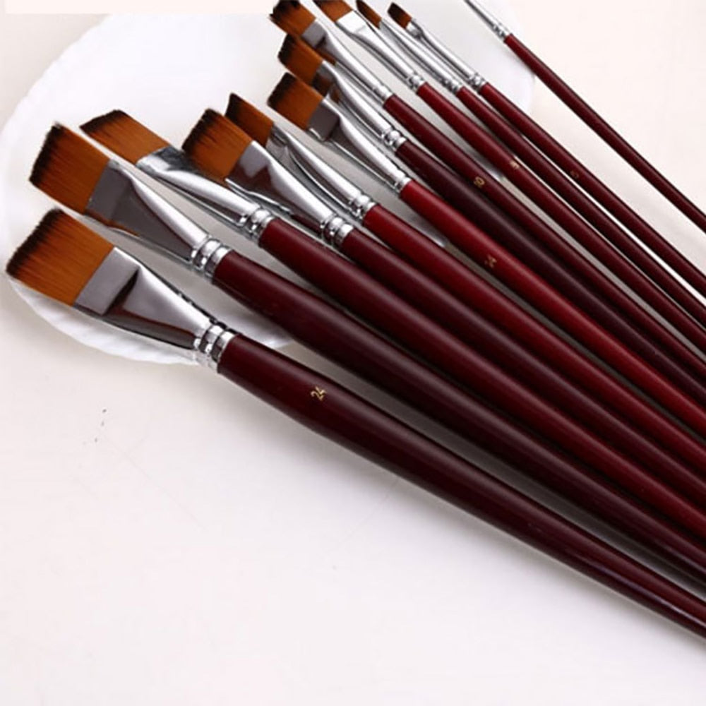 Two-color nylon hair flat peak oil brush 12 pcs sets of brushes art water-colour paint brush school educational supplies