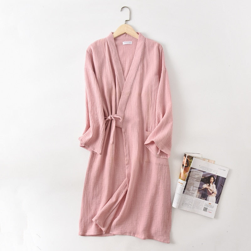 Crepe Gauze Bathrobe Solid 100% Cotton Robe Long-sleeved V-neck Kimono Wedding Robes Sleepwear Plus Size Dressing Gown