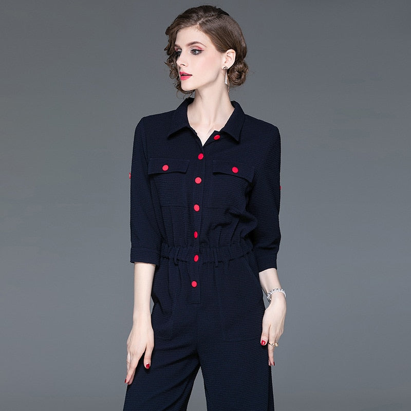 Women's  lapel cropped sleeves autumn jumpsuit