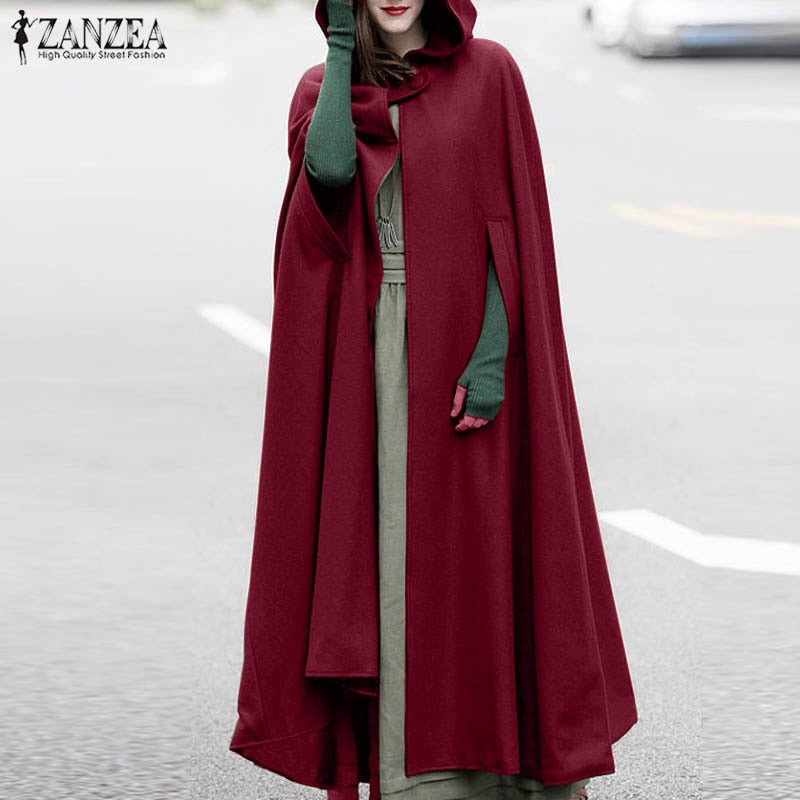 ZANZEA Women Autumn Winter Hoodies Long Cape Cloak Casual Hooded Coat Outwear Windbreaker Streetwear Jackets Christmas Poncho