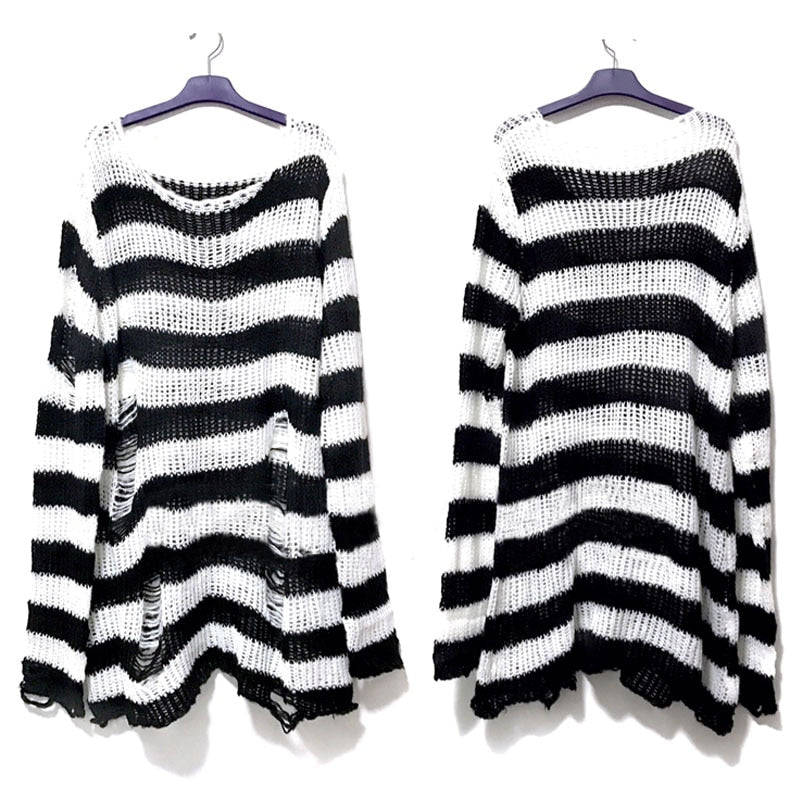 Punk Gothic Long Women Striped Cool Hollow Out Hole Broken Jumper Loose Rock Thin Dark Streetwear Top