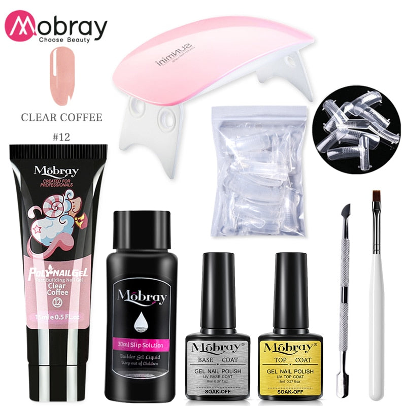 Mobray Poy UV Gel With UV LED Lamp Manicure Set Poly Nail Gel Polish Kit Nail Art Tools For Manicure Need Base Top Coat Nail Kit