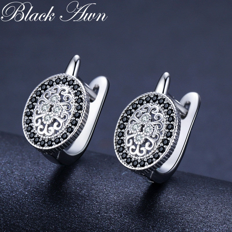 Black Awn Classic Silver Color Oval Black Trendy Spinel Engagement Hoop Earrings for Women Jewelry