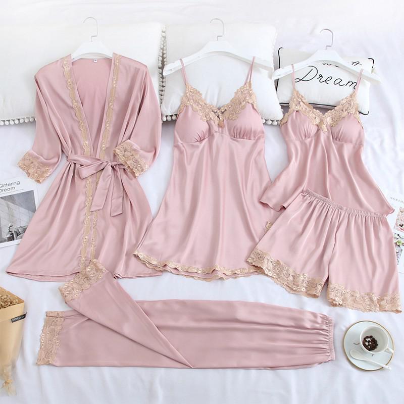 Women Robe Suit Pajamas Nighty&Satin Kimono Bathrobe Gown Nightdress Silky Lace Sleep Set Nightwear Sexy Nightgown