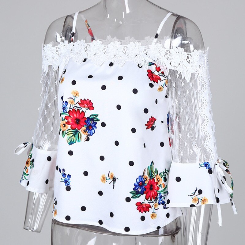 Stylish Party Top Female Fashion Basic Casual Shirt Cold Shoulder Mesh Insert Dots Floral Print Blouse