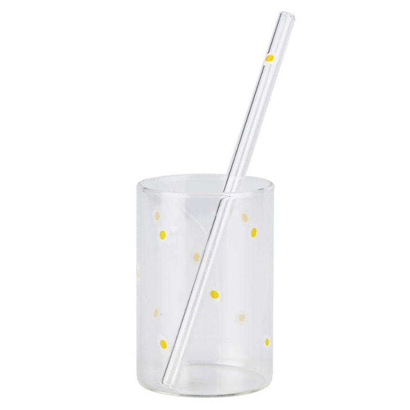 VIP LINK 2pc Cute Printing Straws Glass Cup Fruit Pattern Transparent Milk Water Cup Heat Resistant Coffee Tea Drinkware Cup