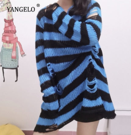 Punk Gothic Long Women Striped Cool Hollow Out Hole Broken Jumper Loose Rock Thin Dark Streetwear Top