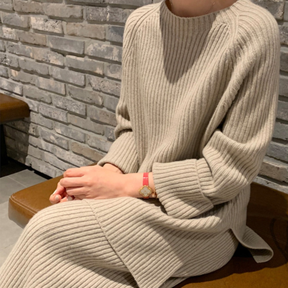 Winter Women's Thicken Warm Knitted Pullover Sweater Two-Piece Suits +High Waist Loose Wide Leg Pants Set