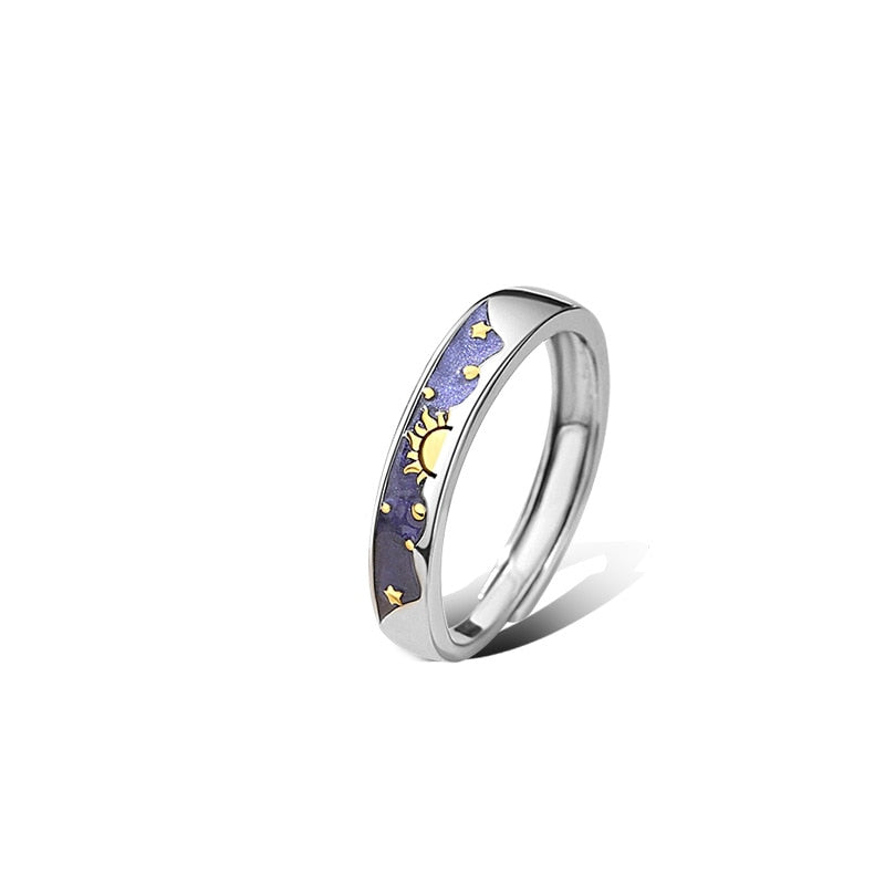 Sterling Silver Enamel Sun Moon Starry Sky Couple Rings For Women Romantic Style Gifts For Lovers Fine Jewelry