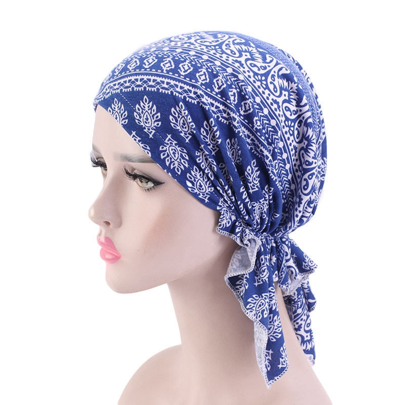 New fashion print woman turban hat soft elastic flowers lady muslim headdress wrap head scarf hijab caps turbante female