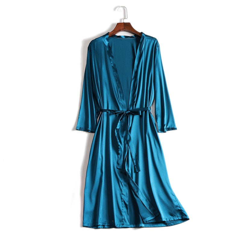 100% Natural silk Women Robes Silk Satin Knee length robe Belted Healthy Sleep wear 2021 Spring Fall Home Wears Kimono