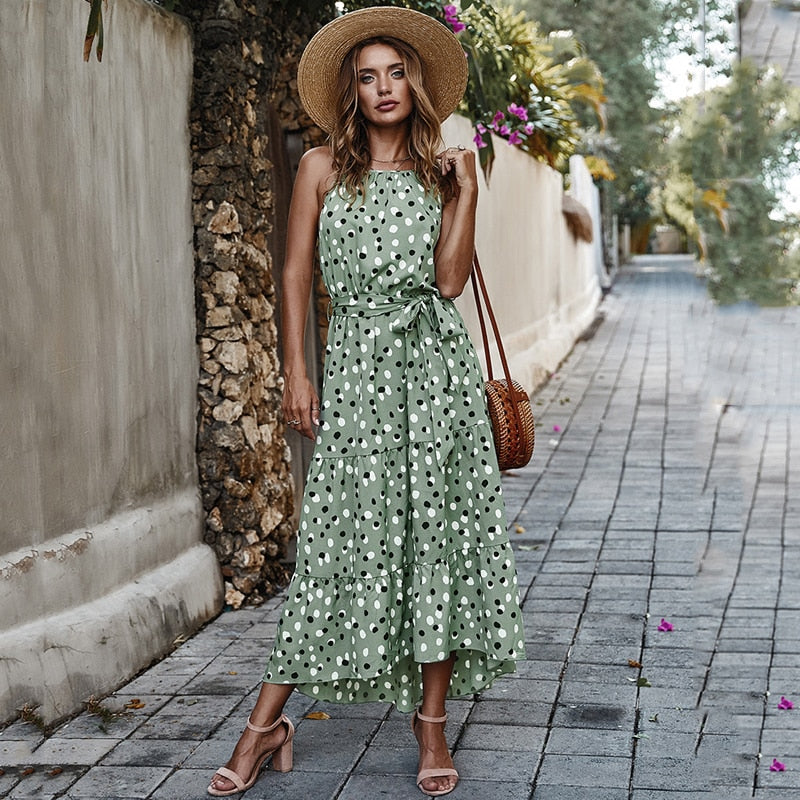 Summer Women Polka-Dot Long Dress Beach Dresses Strapless Casual White Midi Sundress Red Summer Vacation Clothes For Women