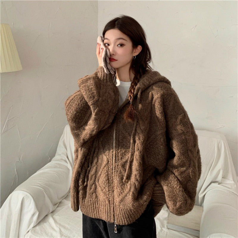 Women Autumn Winter Oversize Knitted Cardigan Casual Hooded Twist Sweater Zipper Long Sleeve Crochet Outerwear