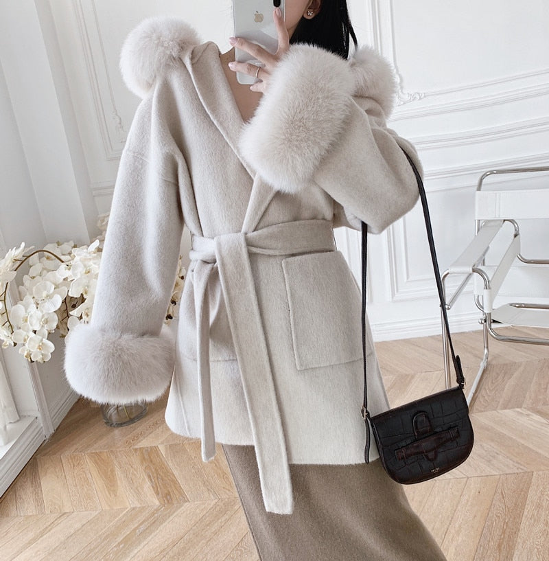 Real Cashmere Woolen Coat famous natural fox fur coats outerwear dropshipping