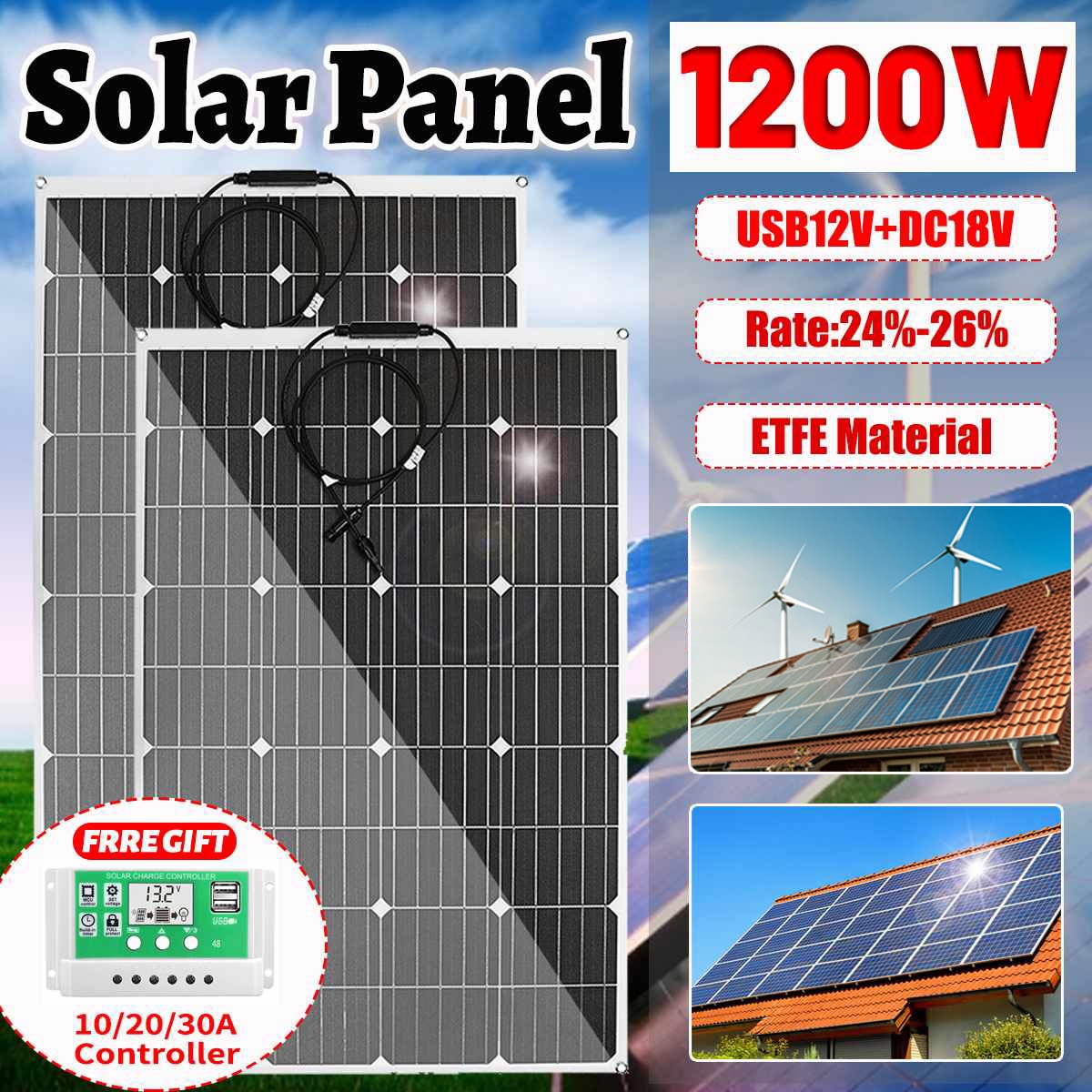 600w 1200w ETFE Solar Panel 12v Photovoltaic Home System Inverter Complete Kit Solar Cell Battery Charger For Car Boat Camping