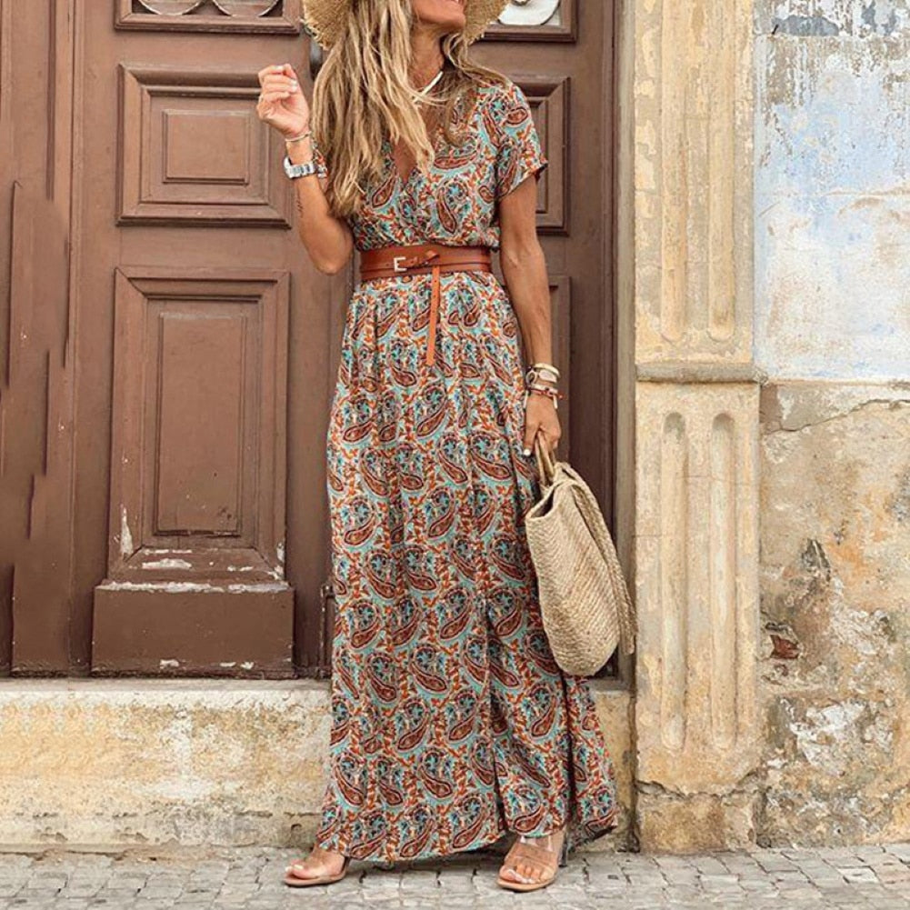 Boho Women V Neck Short Sleeve Paisley Print Belt Large Hem Beach Long Dress print dress summer beach dress with belt