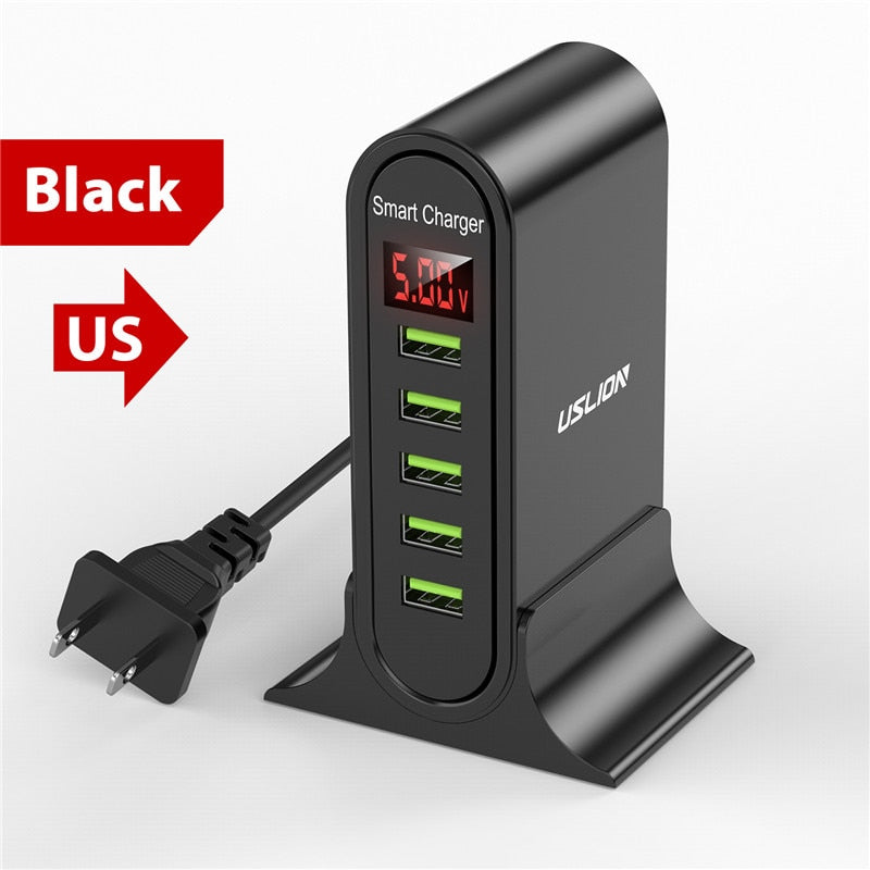 USLION 5 Port USB Charger For Xiaomi LED Display Multi USB Charging Station Universal Phone Desktop Wall Home EU US UK Plug