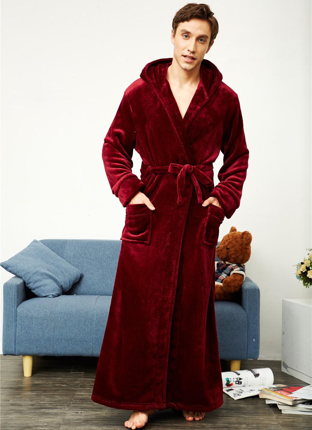 Loose HOOD Sleepwear Winter Ultral Long Large Flannel Men Robe Gown Casual Bathrobe MEN&WOMEN Thick Warm For 130KG Home Clothes