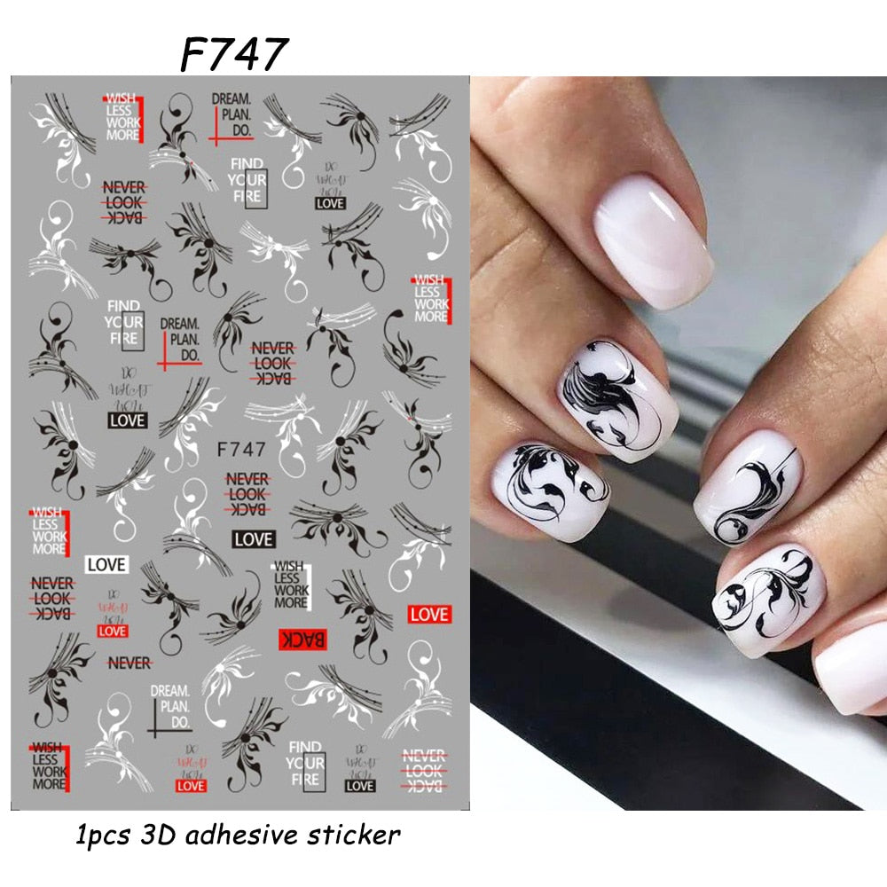 1pcs 3D Nail Sticker Black Heart Love Self-Adhesive Slider Letters Nail Art Decorations Stars Decals Manicure Accessories