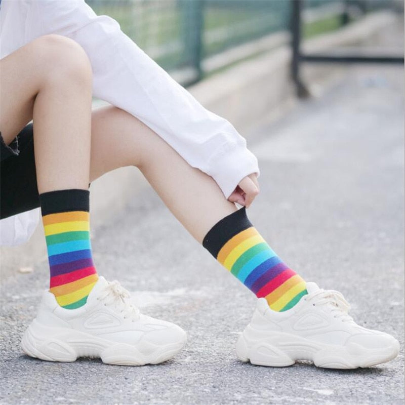 Cotton Elasticity Sweat Women's High Socks Candy Color Rainbow Socks Striped Sporty Meias Casual Streetwear Harajuku Socks