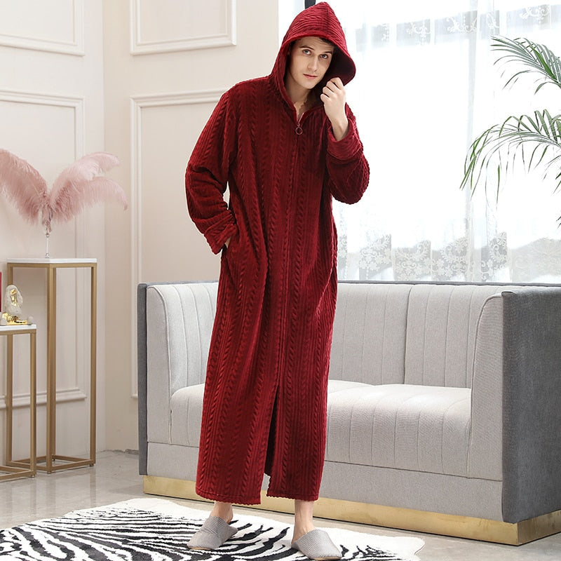 Women Winter Plus Size Long Warm Flannel Hooded Bathrobe - Zipper Bath Robe Pregnant Night Dressing Gown Men Sleepwear