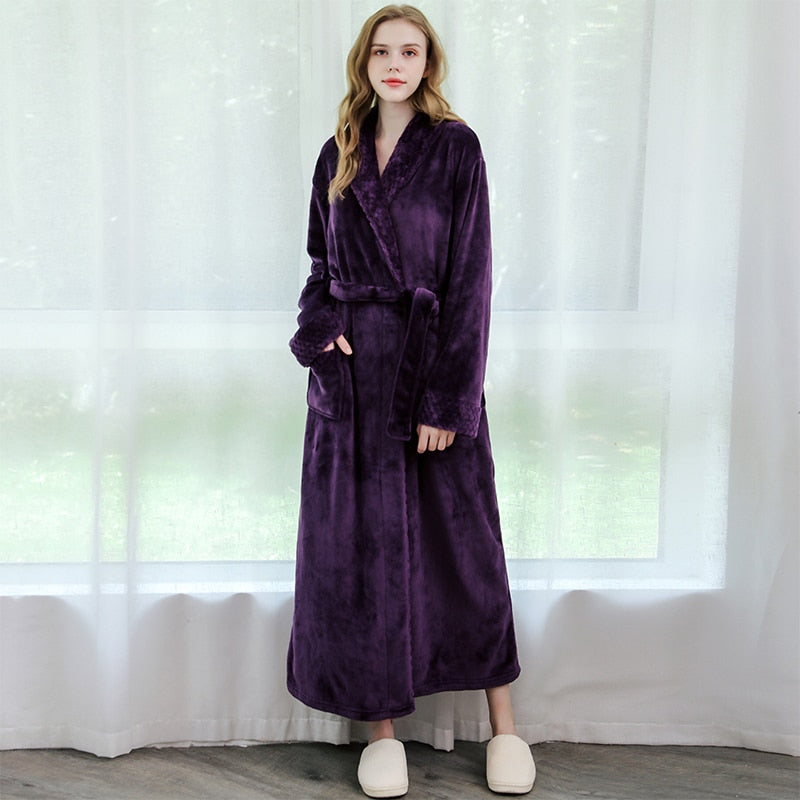 Winter Long Coral Fleece Bathrobe Kimono Warm Flannel Bath Robe Men Cozy Robes Night Sleepwear Women Dressing Gown