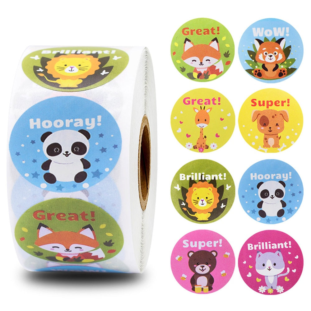 Stickers 500 Pcs/roll Teacher Reward Sticker Fun Motivation Cat Dog Stickerfor School Teacher Student Stationery Stickers Kids