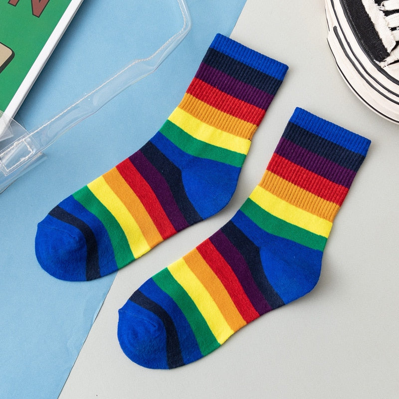 Cotton Elasticity Sweat Women's High Socks Candy Color Rainbow Socks Striped Sporty Meias Casual Streetwear Harajuku Socks