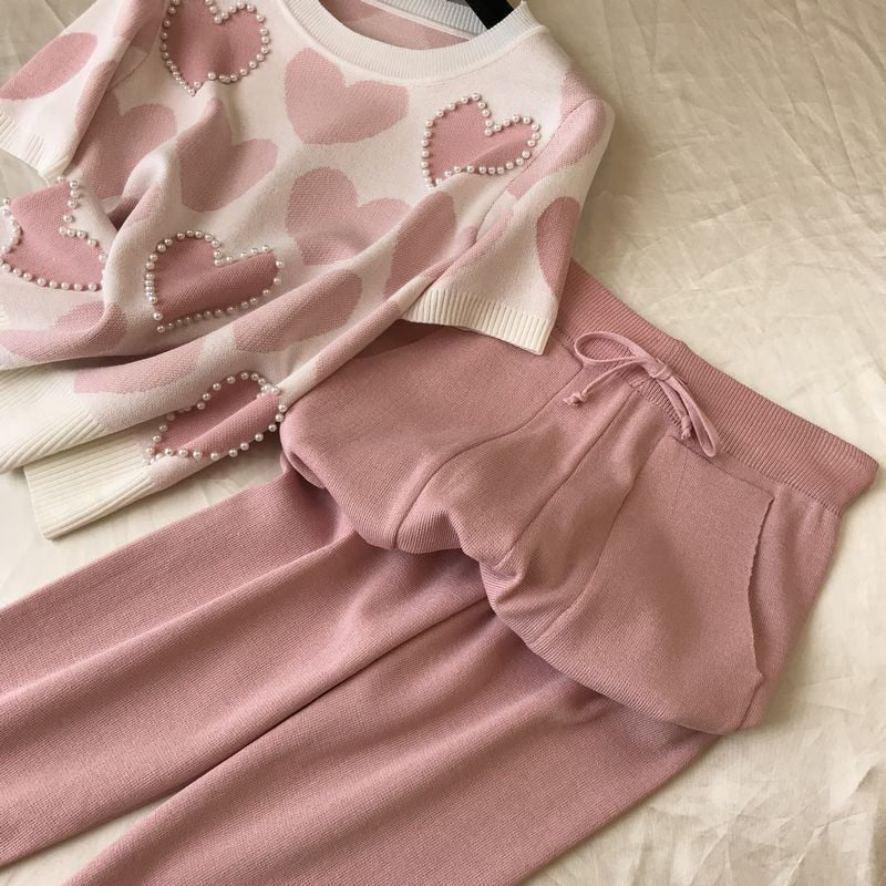 Heart Printed Knitted Sweet 2 Pcs Women Short Sleeve Beading Sweaters Female Tops+pants Suit Pink Casual Tracksuit