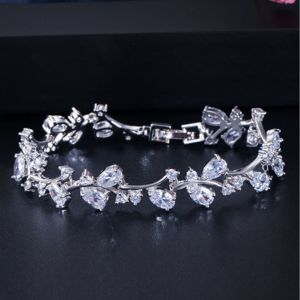 ThreeGraces Romantic Silver Color Leaf and Flower Shape Shiny White Cubic Zirconia Bridal Wedding Bracelets Jewelry