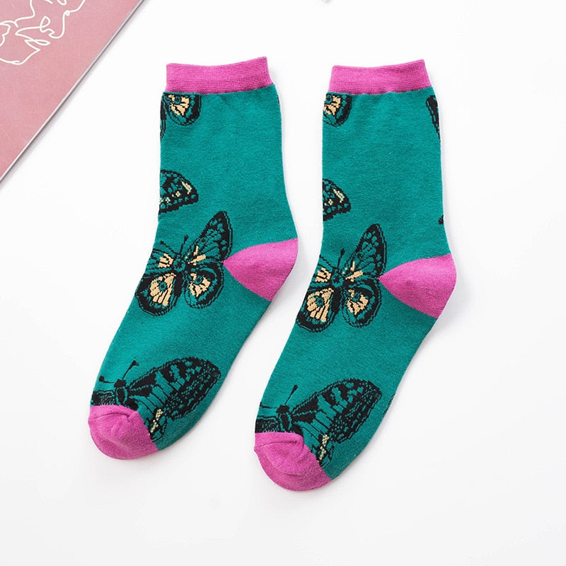 Vintage Fashion Leopard Animal Socks Women Girls Streetwear Cartoon Shell Fish Butterfly Mermaid Panther Dog Cat Cotton Socks