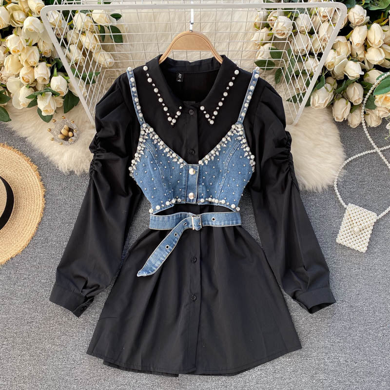 New Temperament Blouse Female Lapel Beaded Stacking Bead Blusa Sling Waistcoat C Fashion Two-piece Shirt Dropship