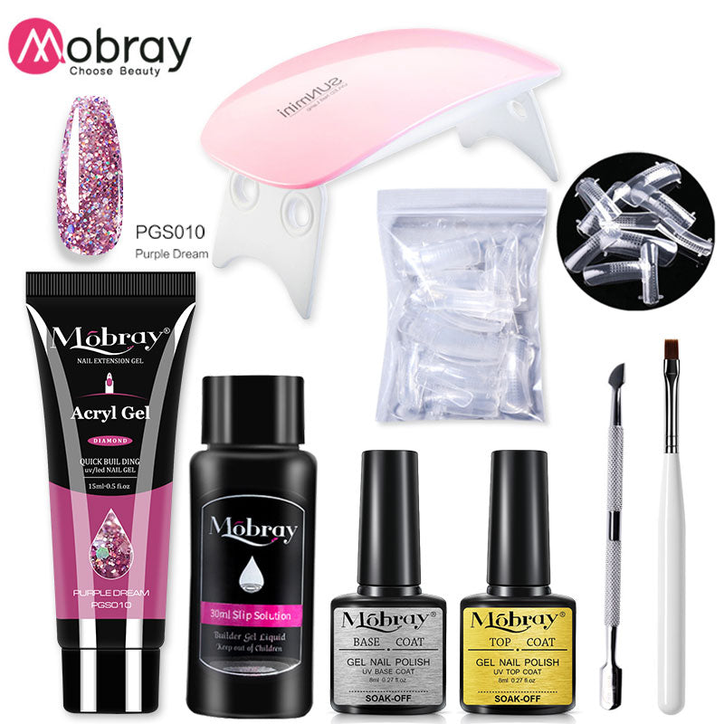 Mobray Poy UV Gel With UV LED Lamp Manicure Set Poly Nail Gel Polish Kit Nail Art Tools For Manicure Need Base Top Coat Nail Kit