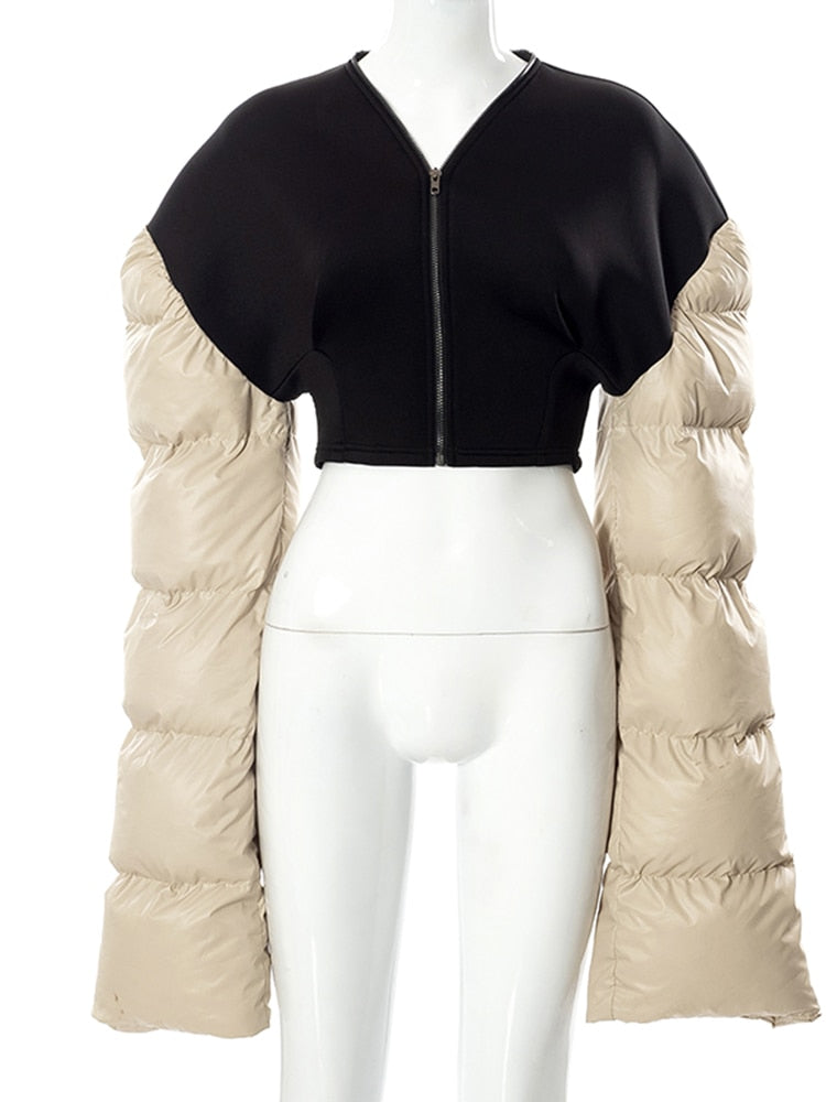 Spring Patchwork Down Puffer Coat Women Jacket Extra Long Sleves Warm Bubble Cropped Outerwear