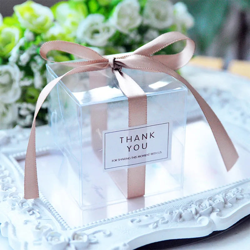 5x5x5cm PVC Clear Candy Boxes Wedding Decorations Party Supplies Gift Box Baby Shown Favors Candy Box with Ribbon