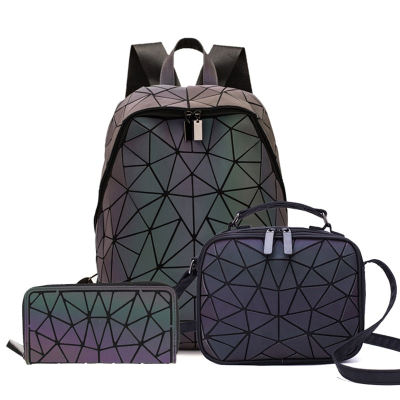 New Luminous Backpack School Women Men Set Rucksack Female Lattice Backbag Holographic Shoulder Bags Purse mochila sac