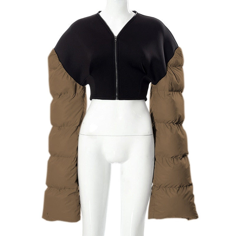 Spring Patchwork Down Puffer Coat Women Jacket Extra Long Sleves Warm Bubble Cropped Outerwear