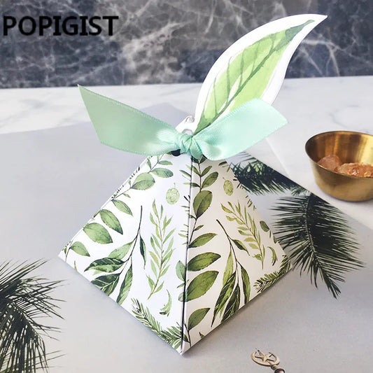 Wedding Favors Bomboniera birthday gift box Green forest Style Triangular Pyramid flower leaves Candy Boxes leaf tags+ribbon